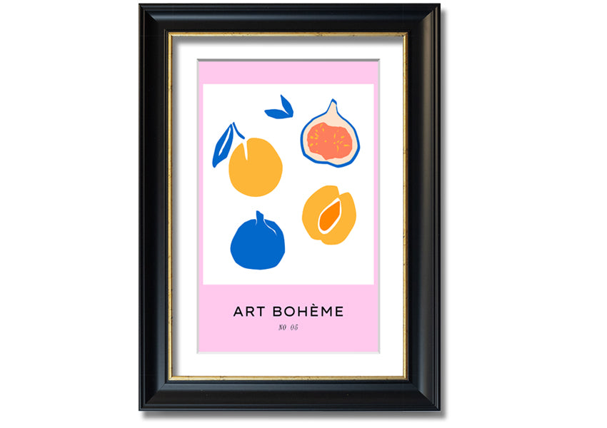 A colorful framed print from the Fruity Collection featuring vibrant fruit designs, available in various frame colors.