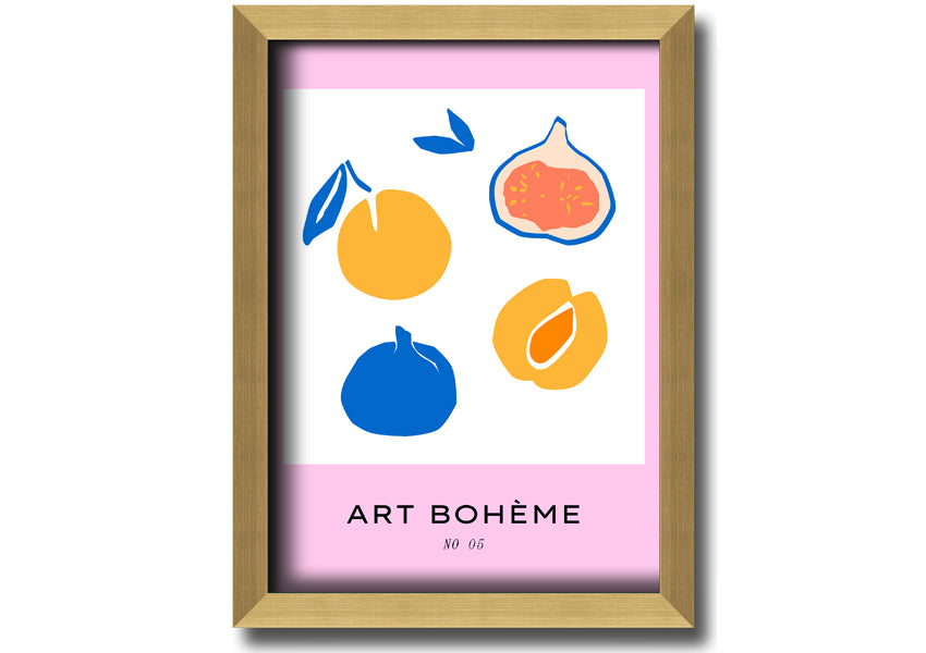 A colorful framed print from the Fruity Collection featuring vibrant fruit designs, available in various frame colors.