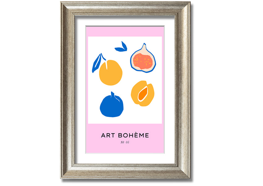 A colorful framed print from the Fruity Collection featuring vibrant fruit designs, available in various frame colors.