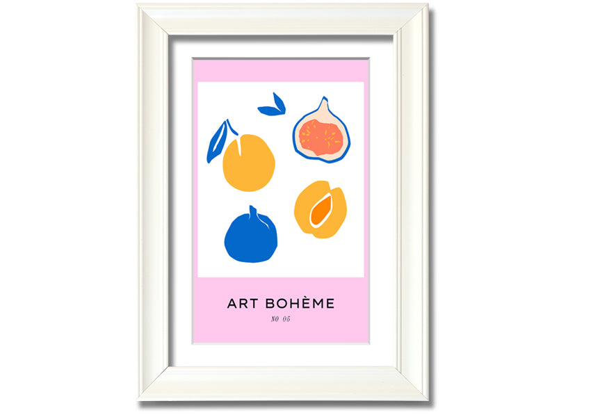 A colorful framed print from the Fruity Collection featuring vibrant fruit designs, available in various frame colors.