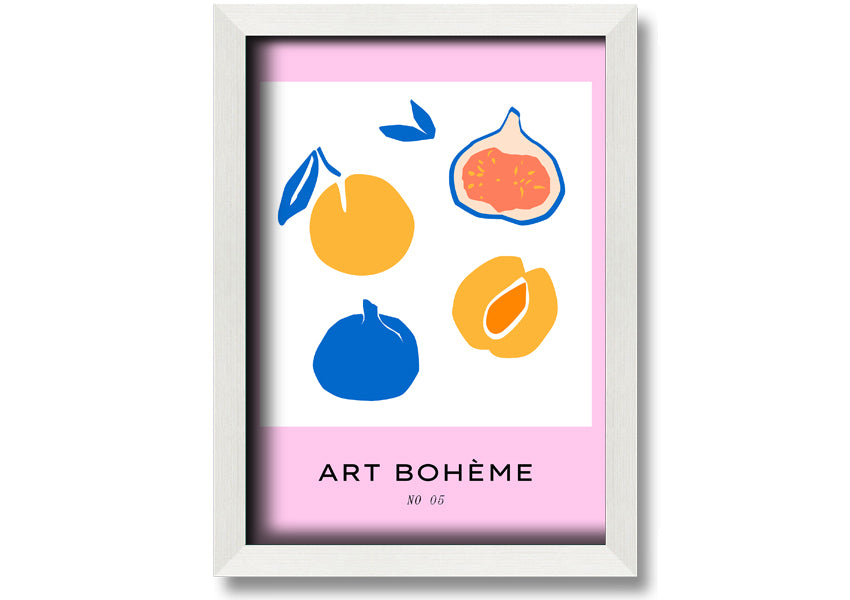 A colorful framed print from the Fruity Collection featuring vibrant fruit designs, available in various frame colors.