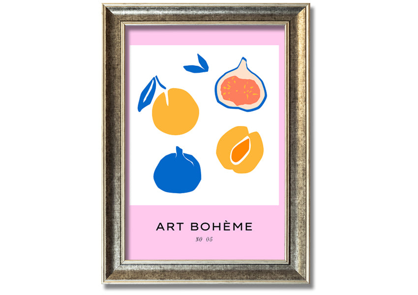 A colorful framed print from the Fruity Collection featuring vibrant fruit designs, available in various frame colors.