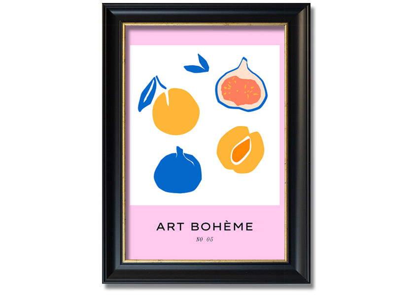 A colorful framed print from the Fruity Collection featuring vibrant fruit designs, available in various frame colors.