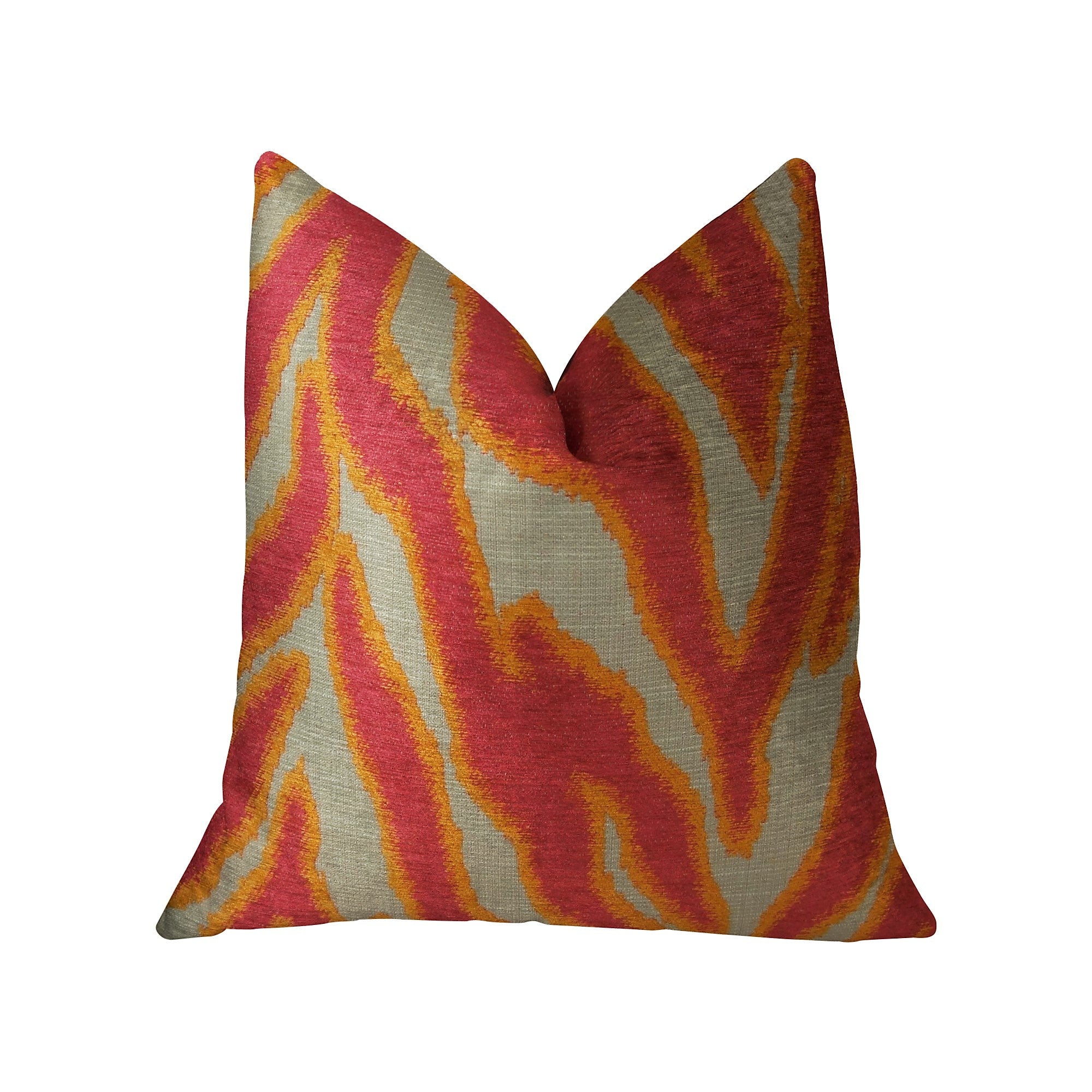 Fuchsia Fire Handmade Luxury Pillow in vibrant fuchsia orange and taupe colors, showcasing a double-sided design with an invisible zipper.