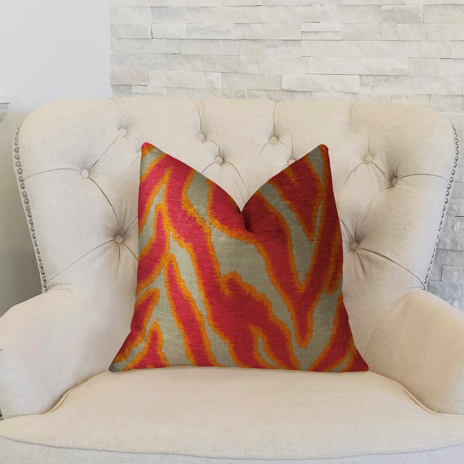 Fuchsia Fire Handmade Luxury Pillow in vibrant fuchsia orange and taupe colors, showcasing a double-sided design with an invisible zipper.