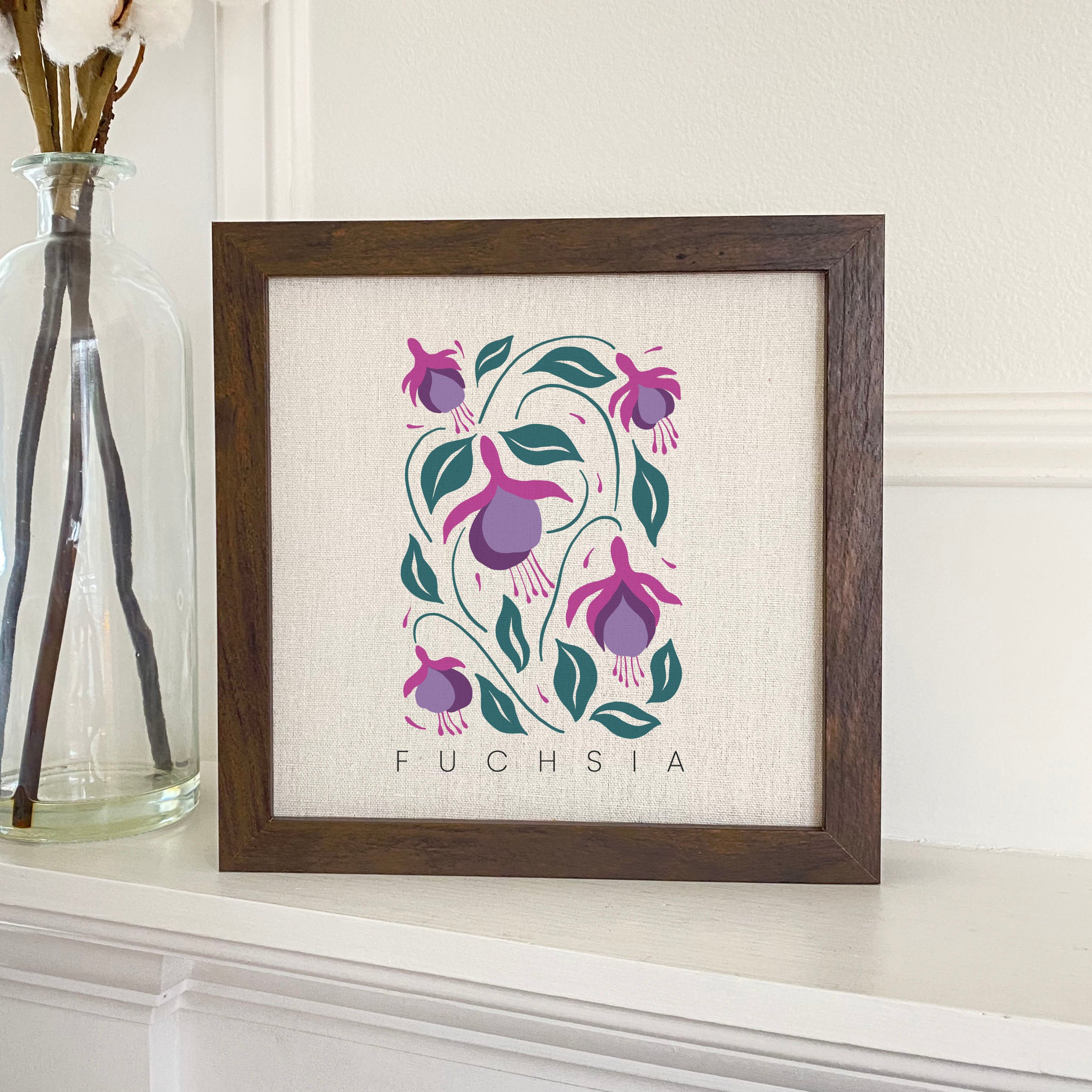 Fuchsia Framed Sign with a stylized wood frame, featuring eco-friendly printing on a linen-look background.