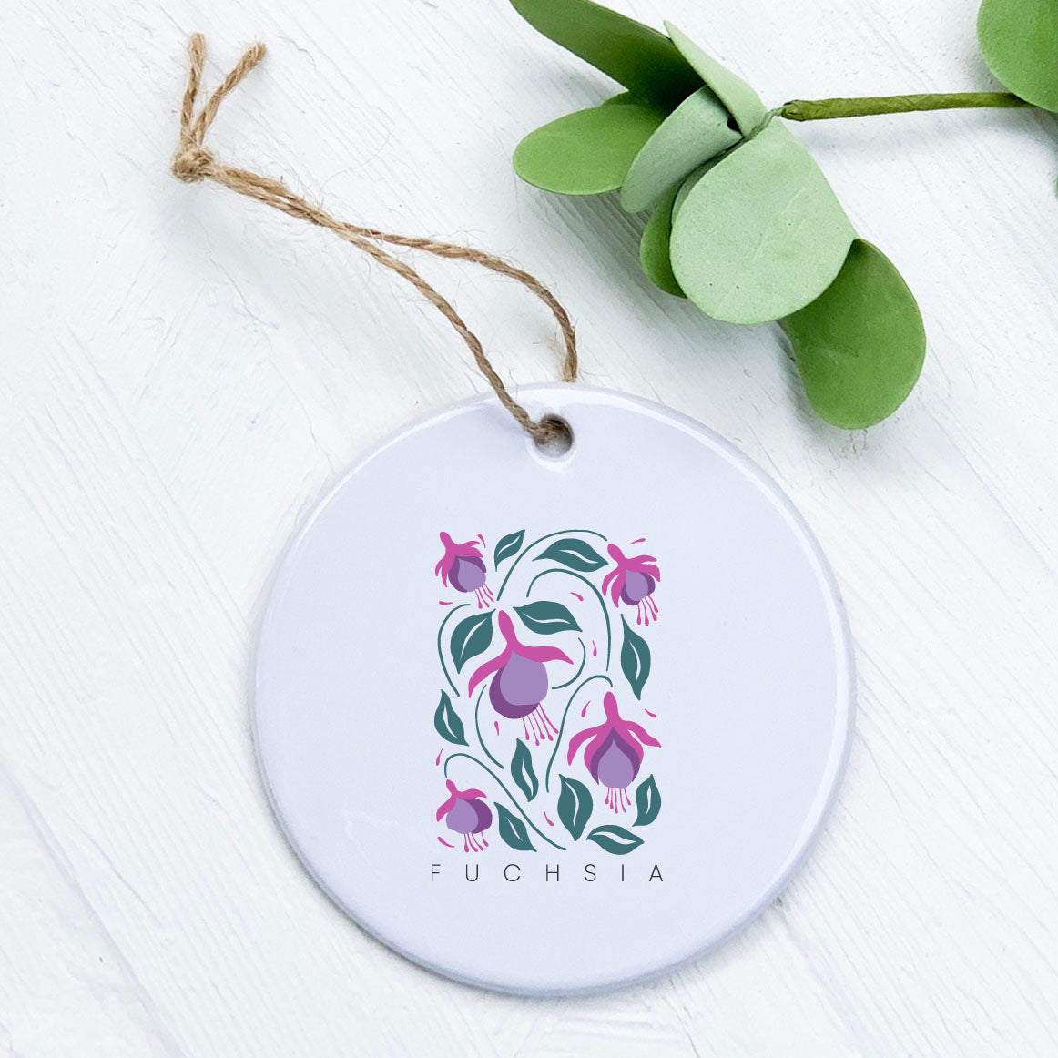 Fuchsia Garden Edition porcelain ornament with vibrant design, 2.75 inches in diameter, featuring a smooth glossy finish.