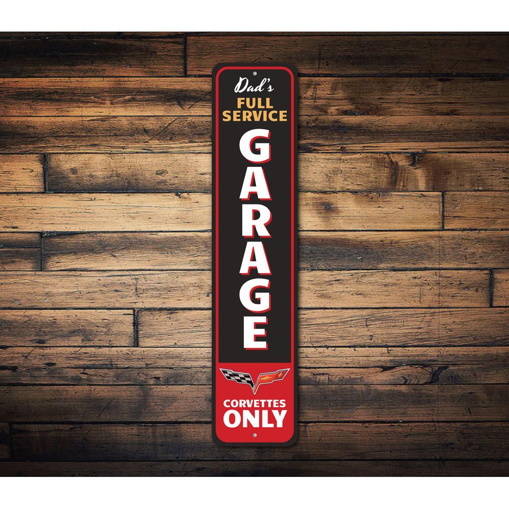 Full Service Corvette Garage Sign made of durable aluminum, featuring vibrant colors and customizable text, perfect for car enthusiasts.