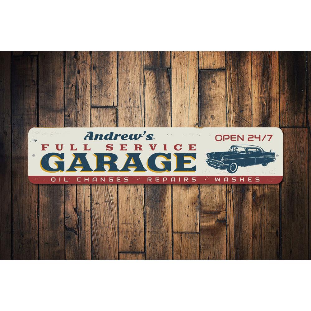 Full Service Garage Sign made of high-quality aluminum, featuring customizable text and pre-drilled holes for easy mounting.