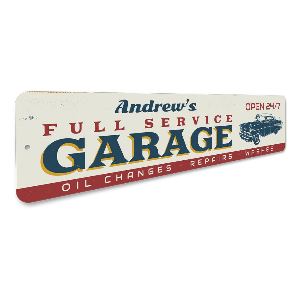 Full Service Garage Sign made of high-quality aluminum, featuring customizable text and pre-drilled holes for easy mounting.