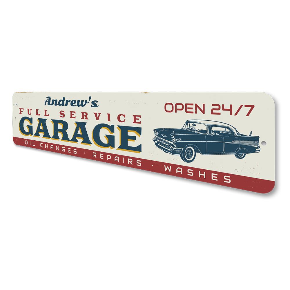 Full Service Garage Sign made of high-quality aluminum, featuring customizable text and pre-drilled holes for easy mounting.