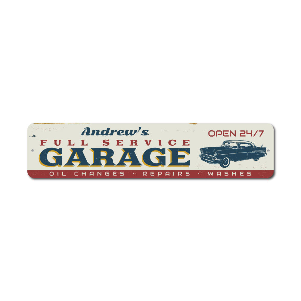 Full Service Garage Sign made of high-quality aluminum, featuring customizable text and pre-drilled holes for easy mounting.