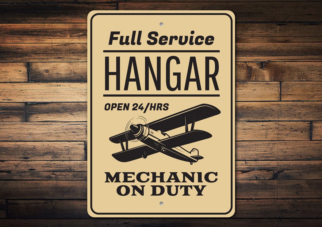 Full Service Hangar Mechanic Sign made of durable aluminum, featuring customizable text and pre-drilled holes for easy mounting.