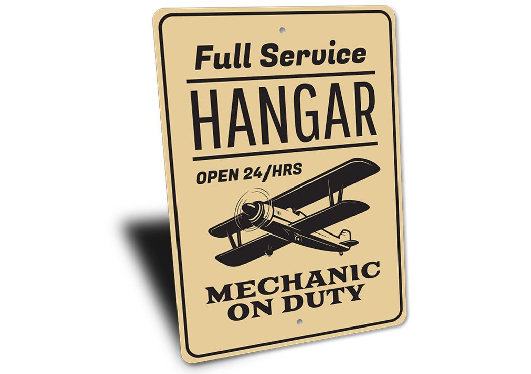 Full Service Hangar Mechanic Sign made of durable aluminum, featuring customizable text and pre-drilled holes for easy mounting.