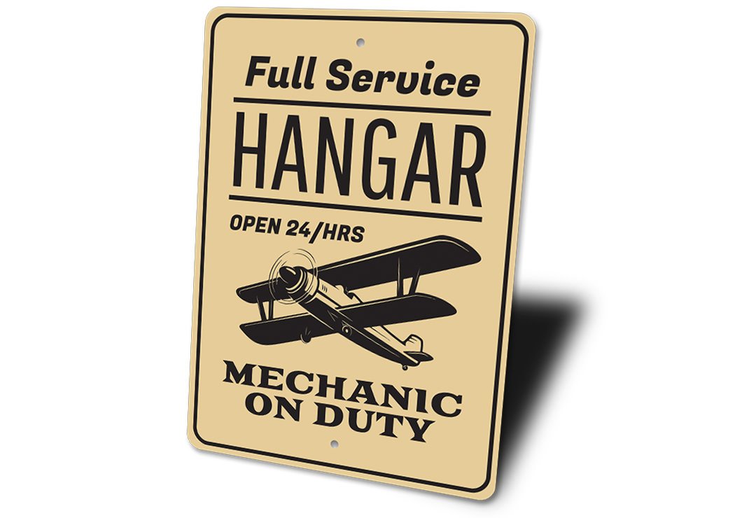 Full Service Hangar Mechanic Sign made of durable aluminum, featuring customizable text and pre-drilled holes for easy mounting.