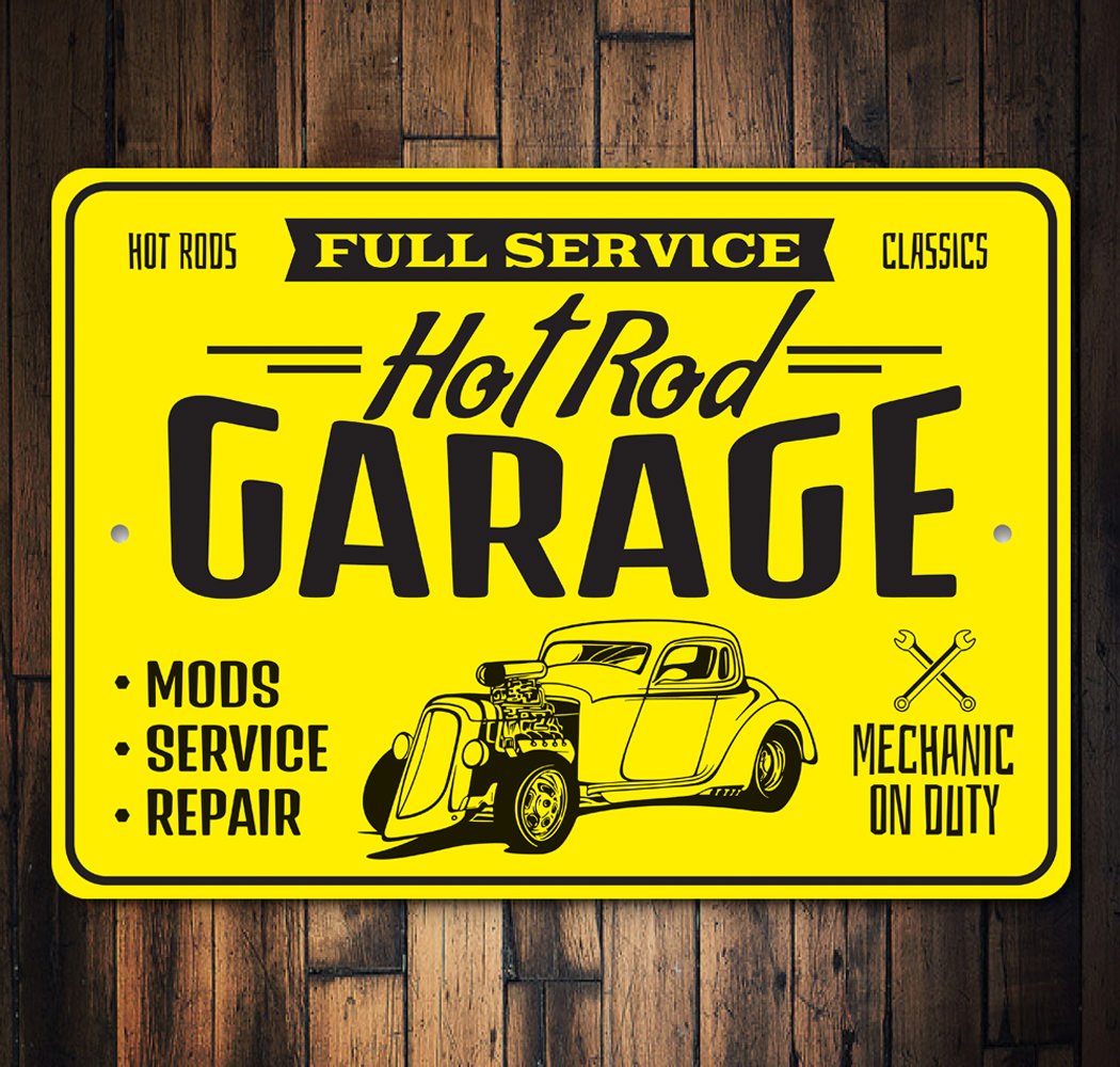 Full Service Hot Rods Classic Garage Mechanic Sign made of aluminum, featuring vibrant graphics and pre-drilled holes for easy mounting.