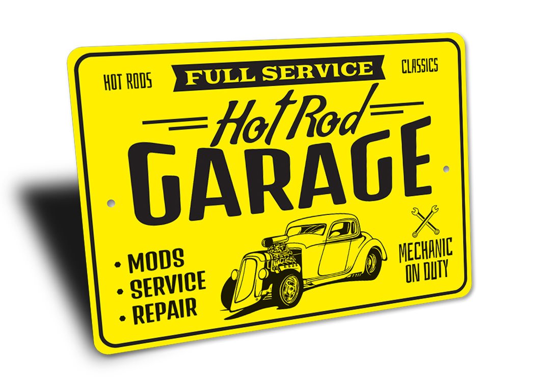 Full Service Hot Rods Classic Garage Mechanic Sign made of aluminum, featuring vibrant graphics and pre-drilled holes for easy mounting.