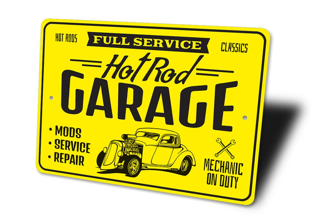 Full Service Hot Rods Classic Garage Mechanic Sign made of aluminum, featuring vibrant graphics and pre-drilled holes for easy mounting.