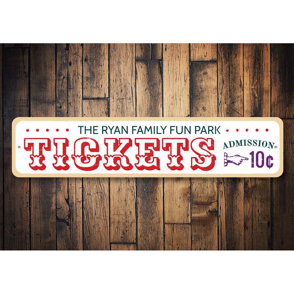 A vibrant Fun Park Tickets Sign made of aluminum, featuring colorful graphics and customizable text, perfect for beach-themed decor.