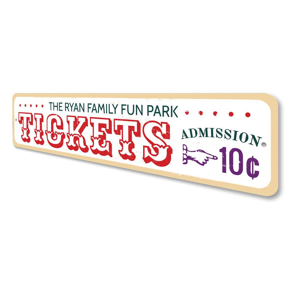 A vibrant Fun Park Tickets Sign made of aluminum, featuring colorful graphics and customizable text, perfect for beach-themed decor.