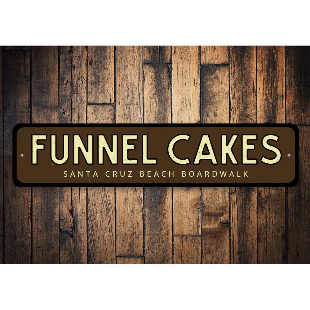 Funnel Cakes Boardwalk Sign made of high-quality aluminum, featuring vibrant colors and customizable text, perfect for home decor.