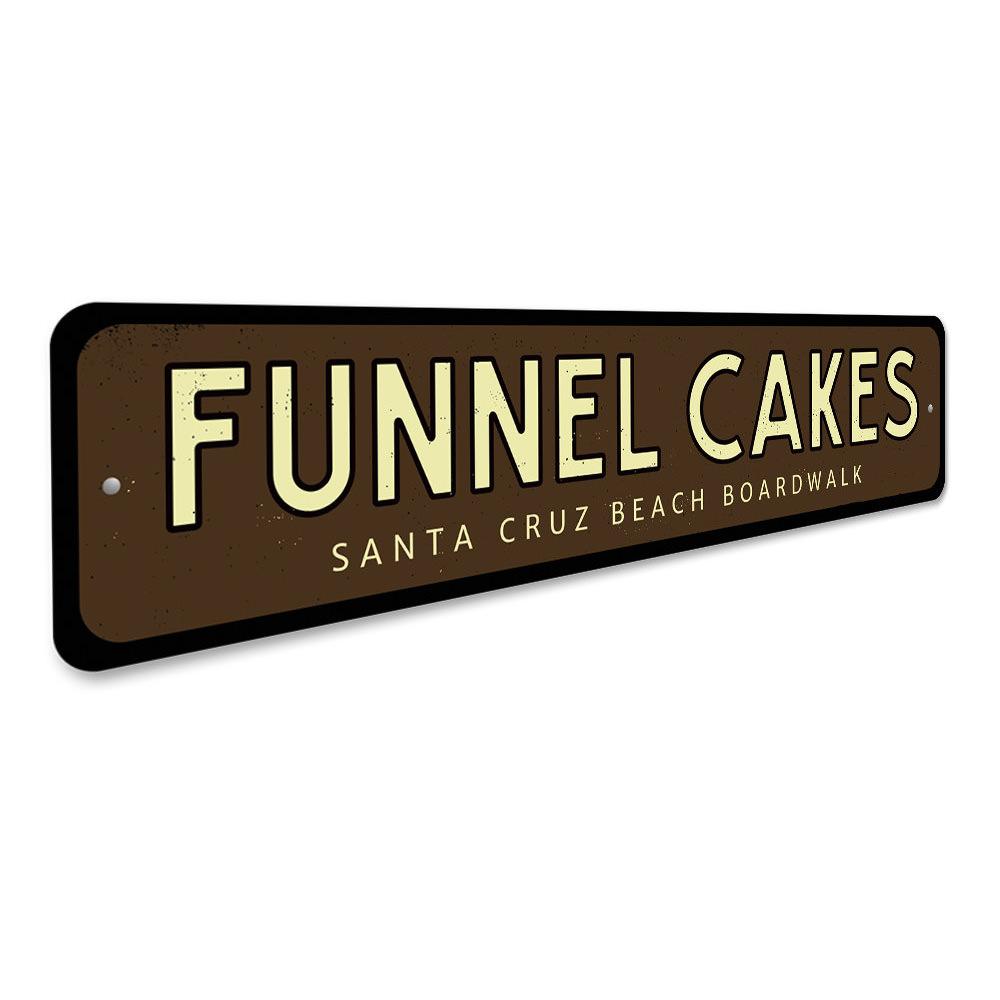 Funnel Cakes Boardwalk Sign made of high-quality aluminum, featuring vibrant colors and customizable text, perfect for home decor.