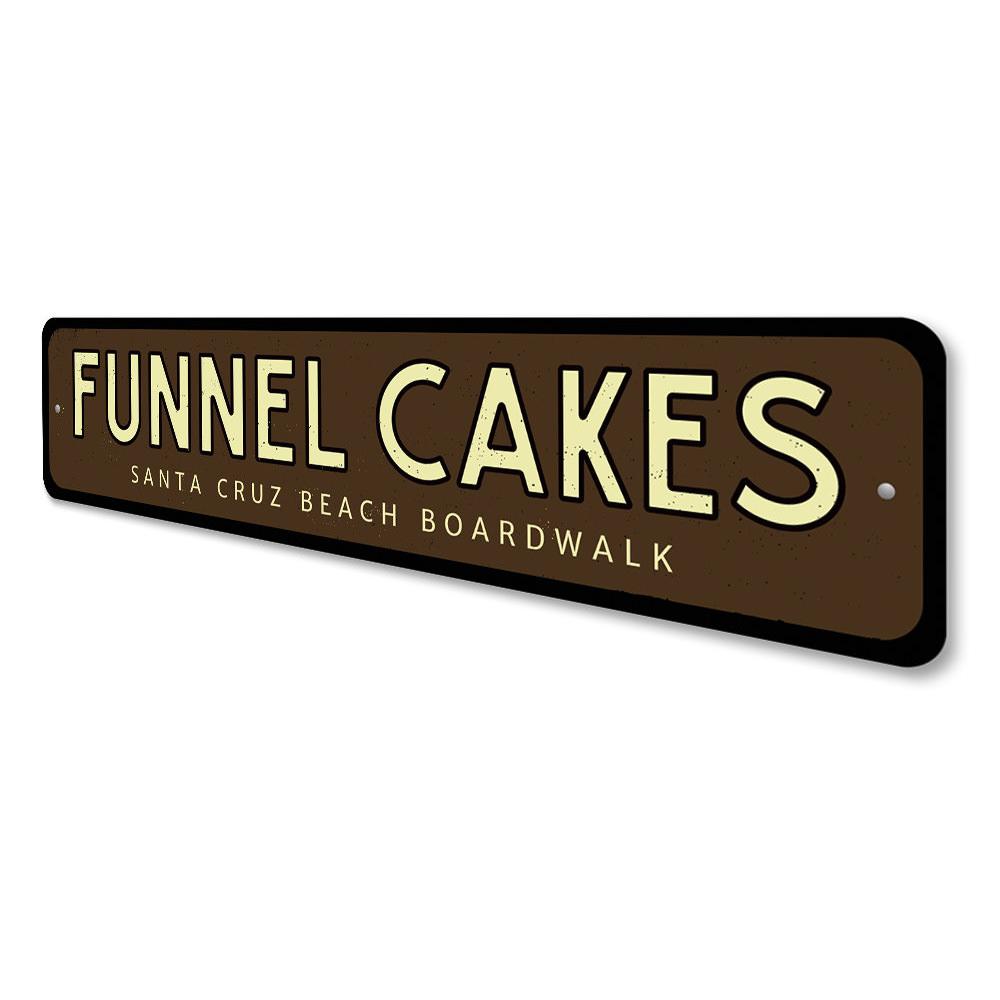 Funnel Cakes Boardwalk Sign made of high-quality aluminum, featuring vibrant colors and customizable text, perfect for home decor.