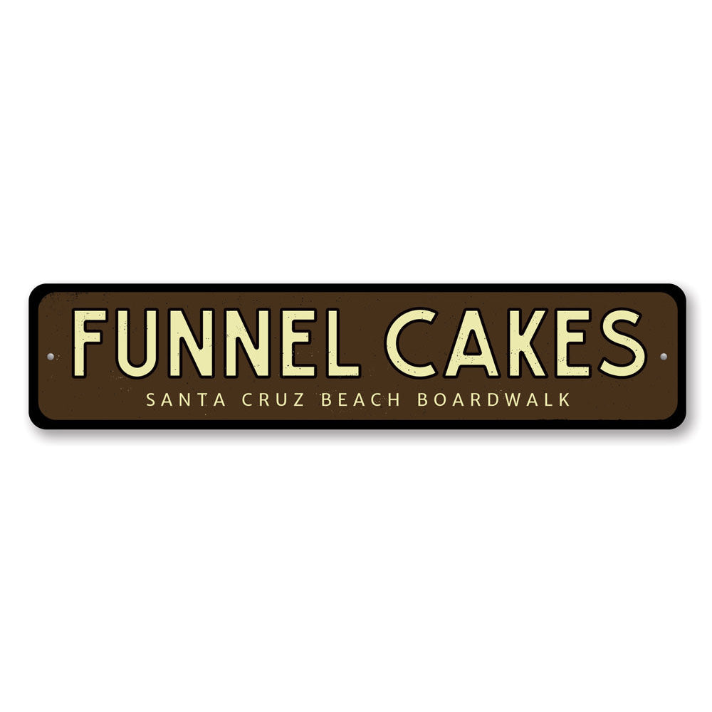 Funnel Cakes Boardwalk Sign made of high-quality aluminum, featuring vibrant colors and customizable text, perfect for home decor.