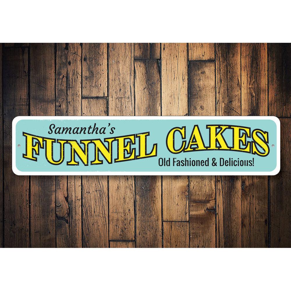 A vibrant Funnel Cakes Sign made of high-quality aluminum, featuring customizable text, perfect for beach houses and seafood restaurants.