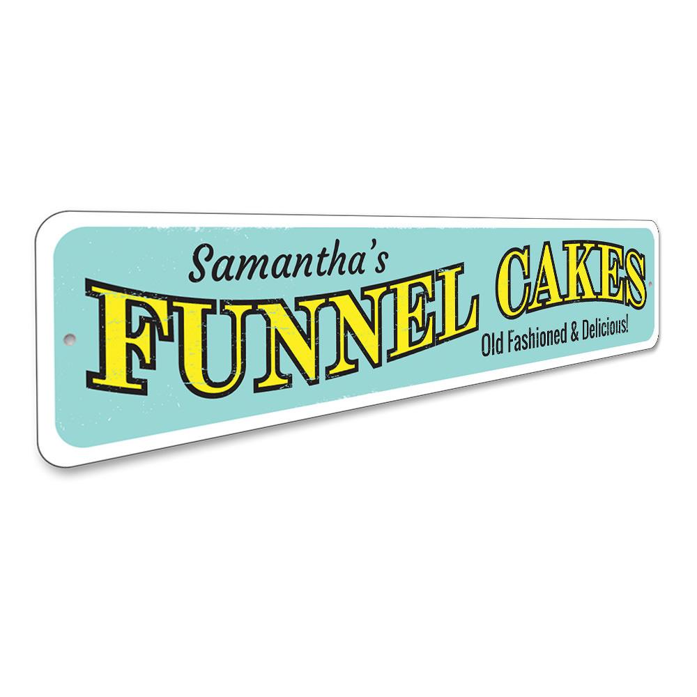 A vibrant Funnel Cakes Sign made of high-quality aluminum, featuring customizable text, perfect for beach houses and seafood restaurants.