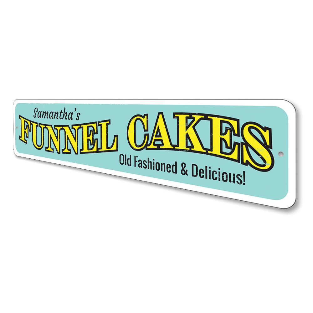 A vibrant Funnel Cakes Sign made of high-quality aluminum, featuring customizable text, perfect for beach houses and seafood restaurants.