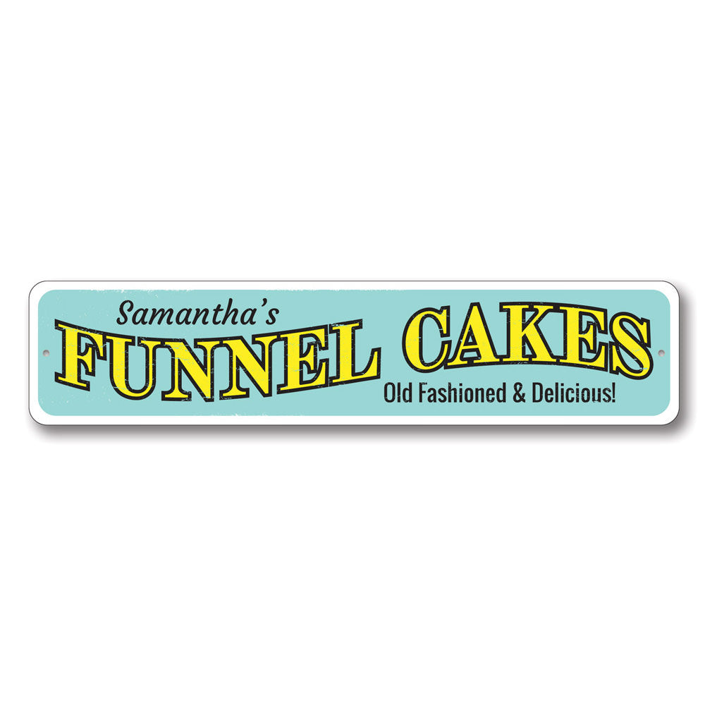 A vibrant Funnel Cakes Sign made of high-quality aluminum, featuring customizable text, perfect for beach houses and seafood restaurants.