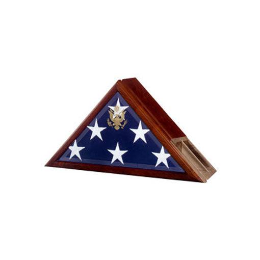 Funeral Flag Case with built-in urn compartment, featuring an embossed Great Seal and elegant walnut finish.