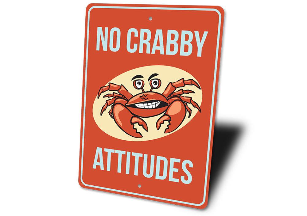 A humorous metal sign featuring a crab design, perfect for beach-themed decor, showcasing vibrant colors and a playful message.