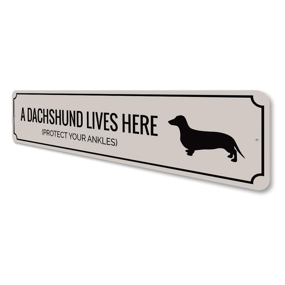 A humorous decorative sign featuring a playful dachshund design, made from high-quality aluminum, perfect for home decor.