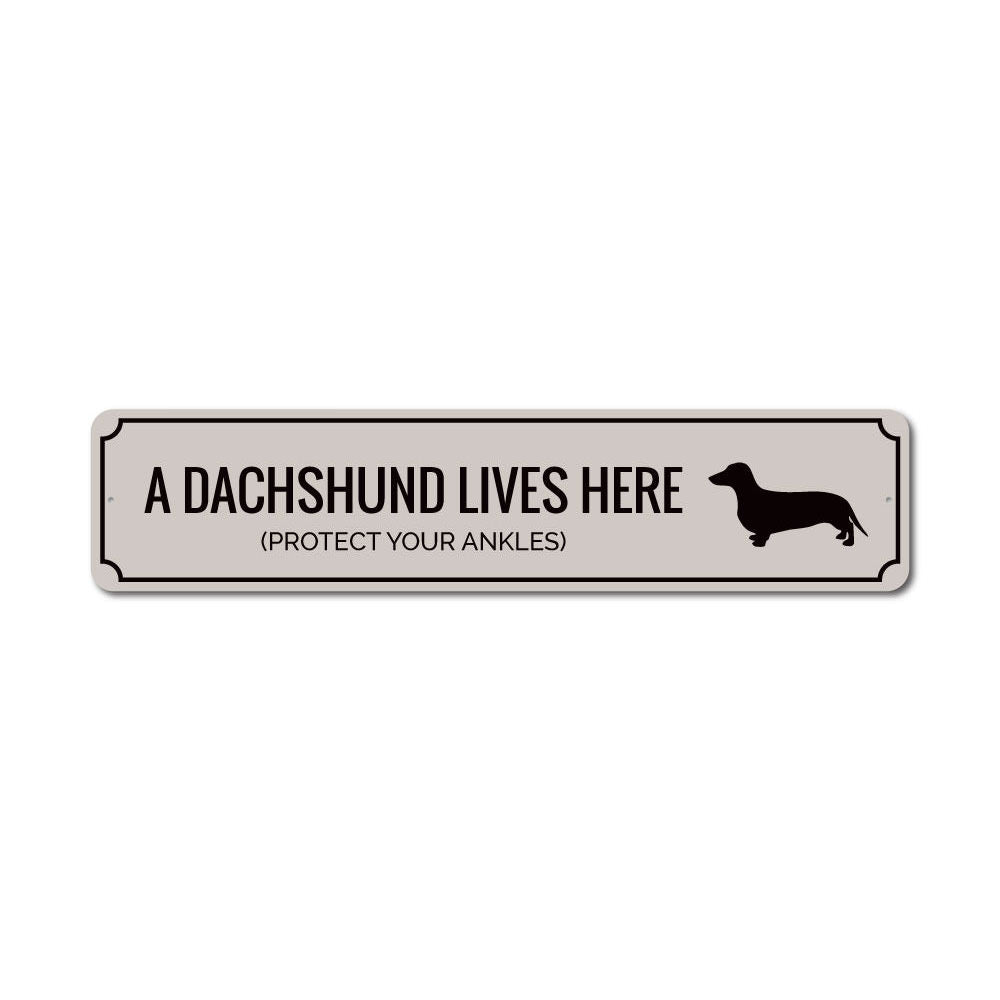 A humorous decorative sign featuring a playful dachshund design, made from high-quality aluminum, perfect for home decor.