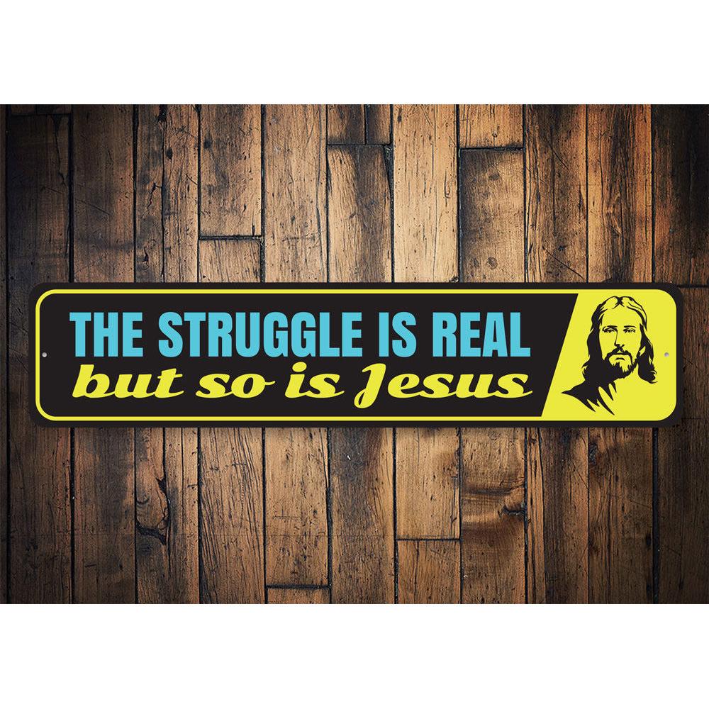 A humorous decorative sign featuring a playful Jesus design, made from high-quality aluminum, perfect for home decor.