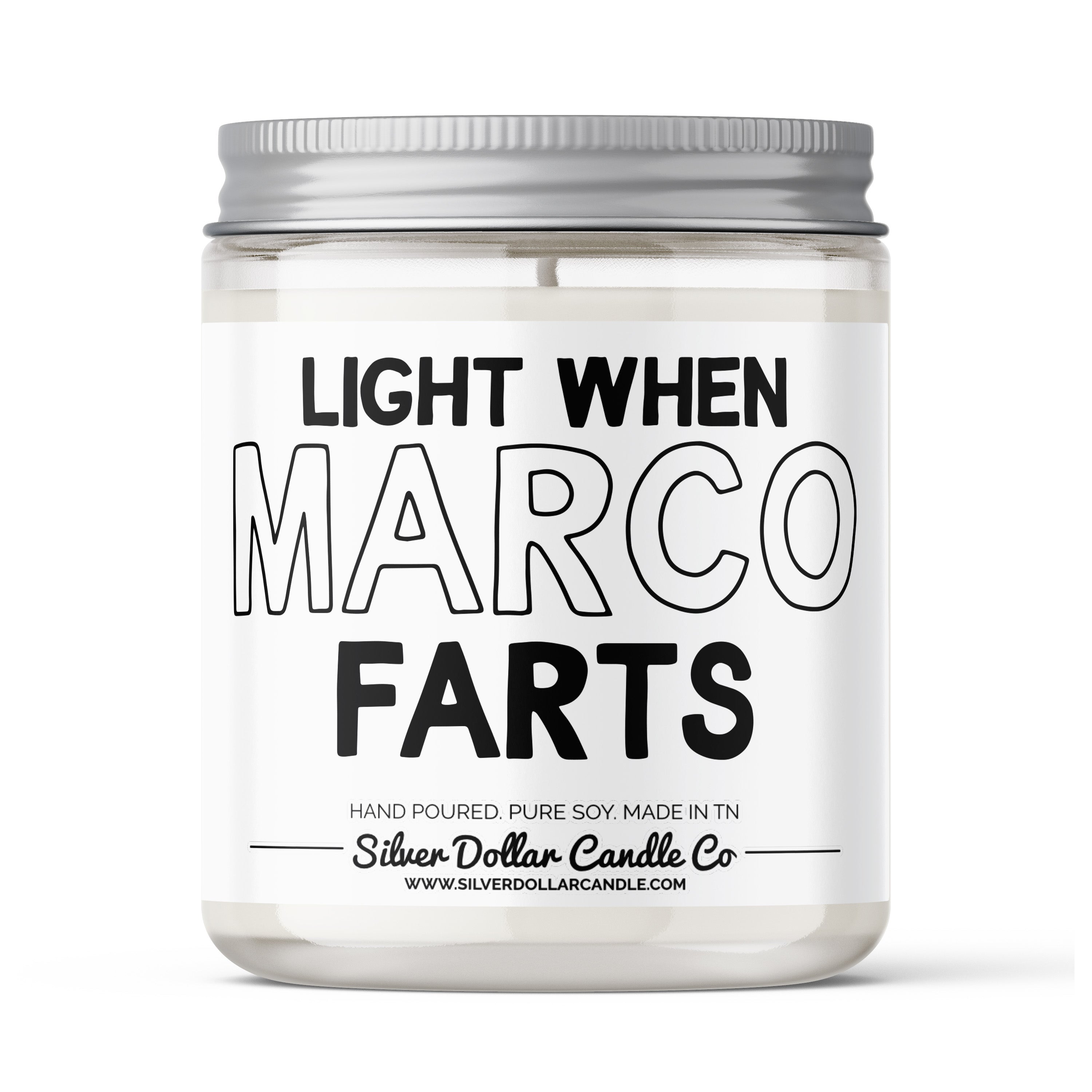 A humorous personalized candle labeled 'Light When Farts', featuring a playful design and customizable text for a unique gift.