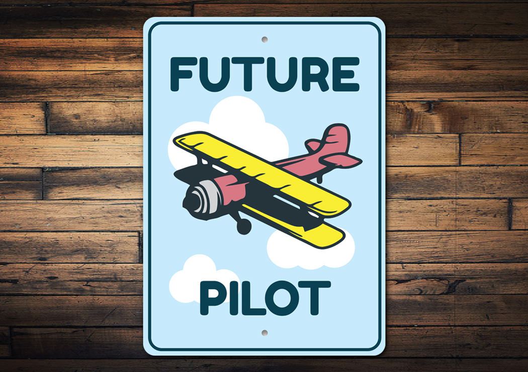 Future Pilot Kid's Room Sign made of durable aluminum, featuring a personalized design perfect for children's rooms.