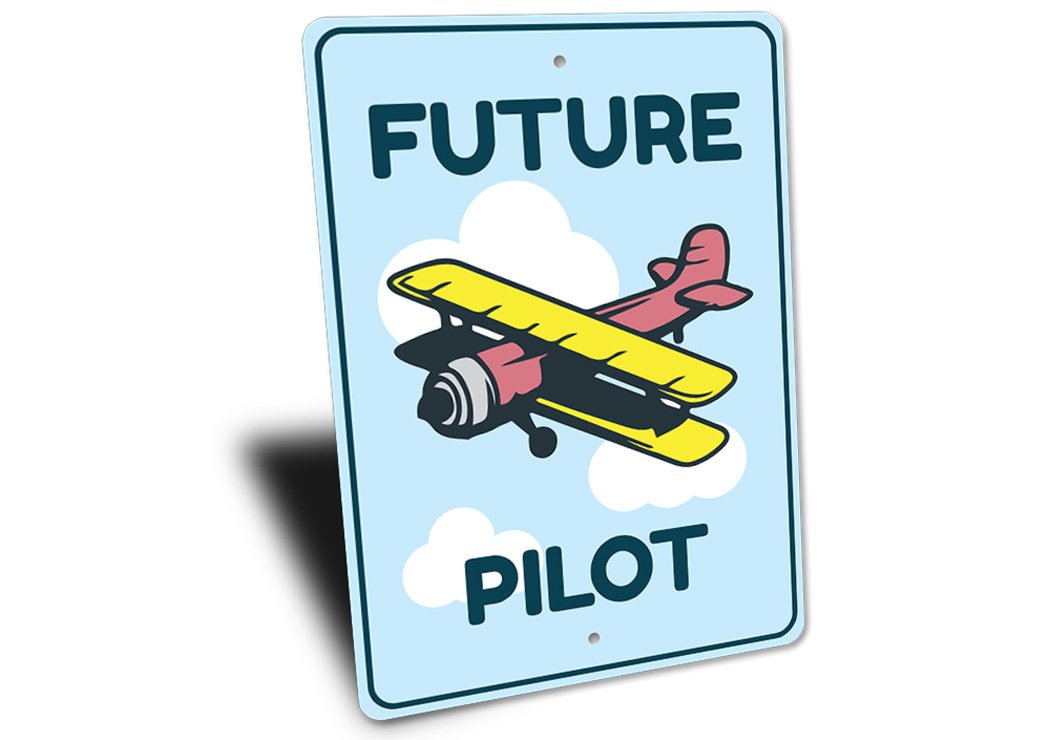 Future Pilot Kid's Room Sign made of durable aluminum, featuring a personalized design perfect for children's rooms.