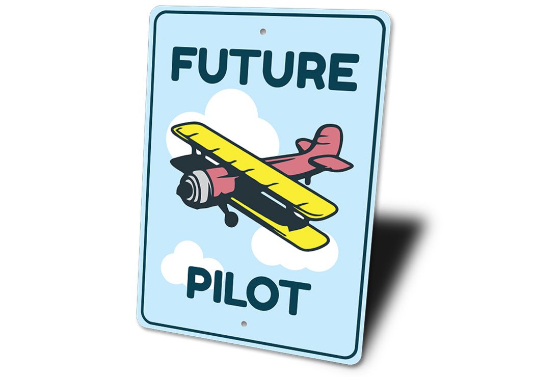 Future Pilot Kid's Room Sign made of durable aluminum, featuring a personalized design perfect for children's rooms.