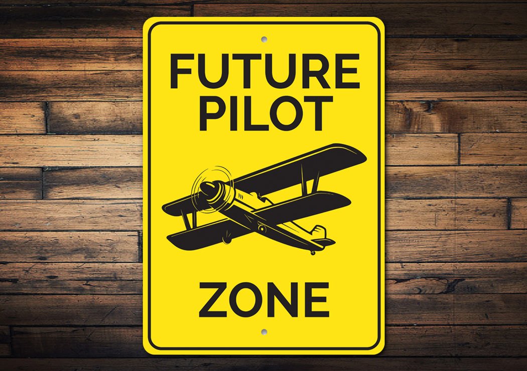 Future Pilot Zone Room Sign made of durable aluminum, featuring customizable text for a personalized touch, ideal for children's rooms.