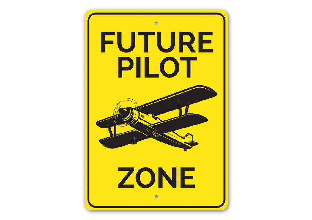 Future Pilot Zone Room Sign made of durable aluminum, featuring customizable text for a personalized touch, ideal for children's rooms.