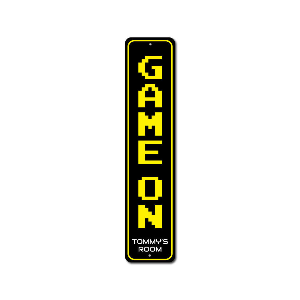 Game On Vertical Sign made of high-quality aluminum, featuring vibrant colors and customizable text, perfect for kids' rooms and game areas.