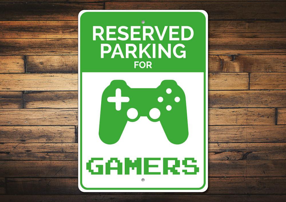 A vibrant Gamer Parking Sign made of durable aluminum, featuring gaming-themed graphics and customizable text options.