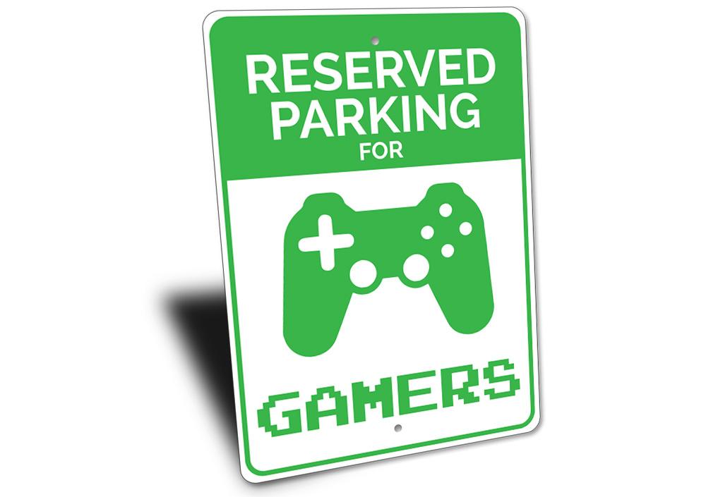 A vibrant Gamer Parking Sign made of durable aluminum, featuring gaming-themed graphics and customizable text options.