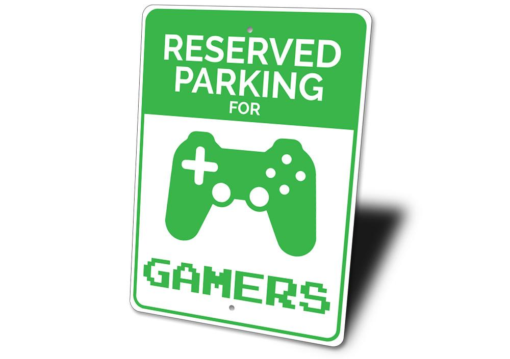 A vibrant Gamer Parking Sign made of durable aluminum, featuring gaming-themed graphics and customizable text options.