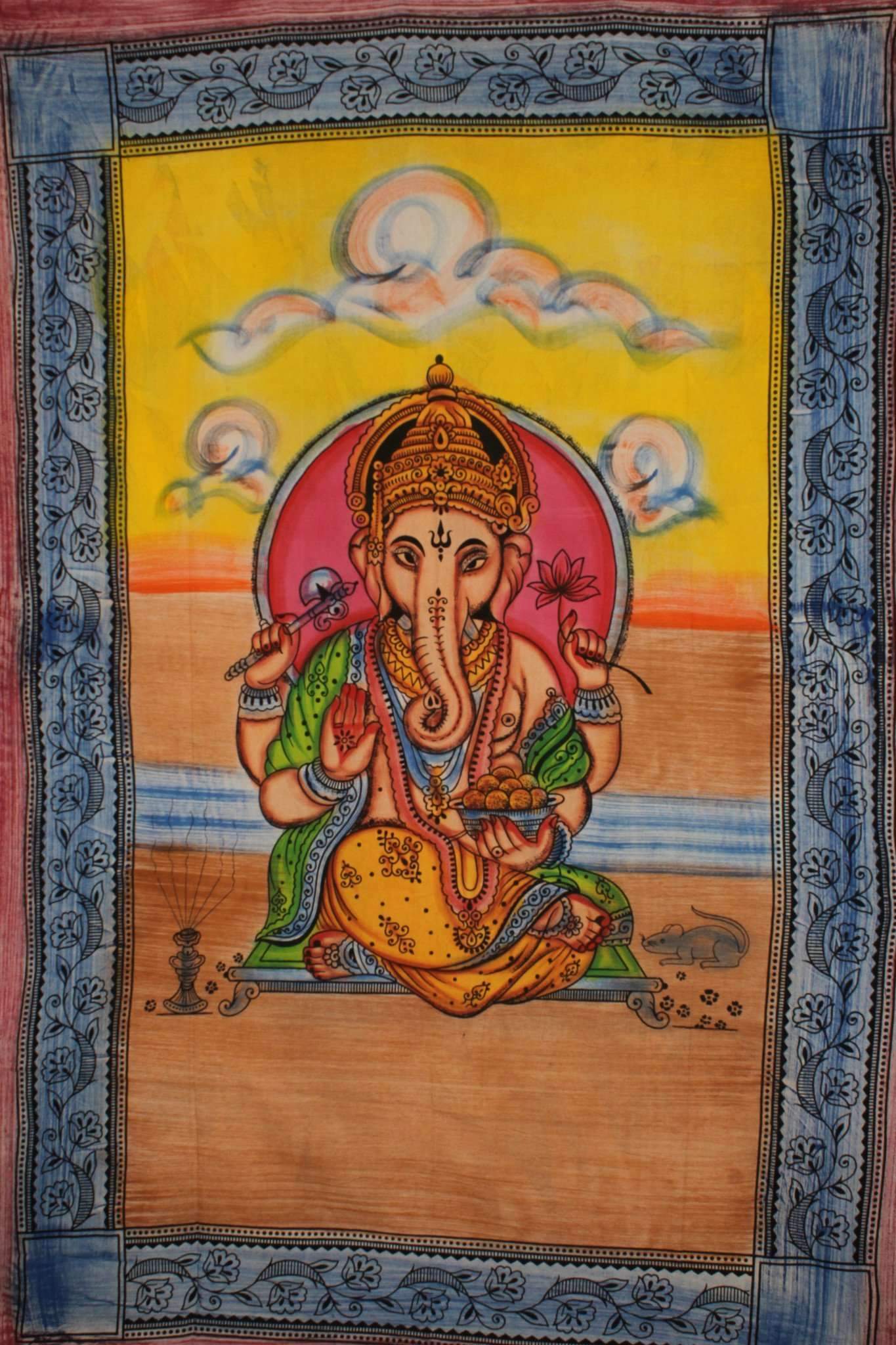 Ganesha tapestry in pastel colors, featuring Ganesha holding a lotus flower, ideal for home decor.