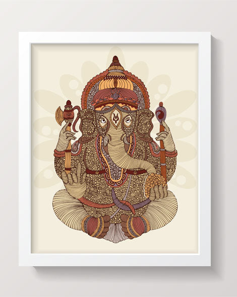 Archival art print of Ganesha featuring original pen and ink art with vibrant digital coloring on matte card stock.