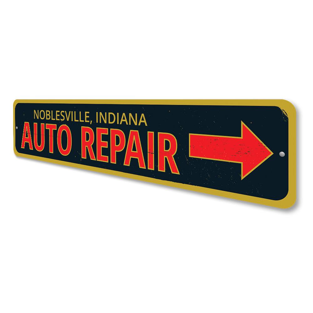 A decorative Garage Auto Repair Sign made of aluminum, featuring customizable text and pre-drilled holes for easy mounting.